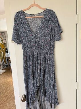 J. Crew Navy Blue Wrap High-Low Dress with Pink Dot Detail